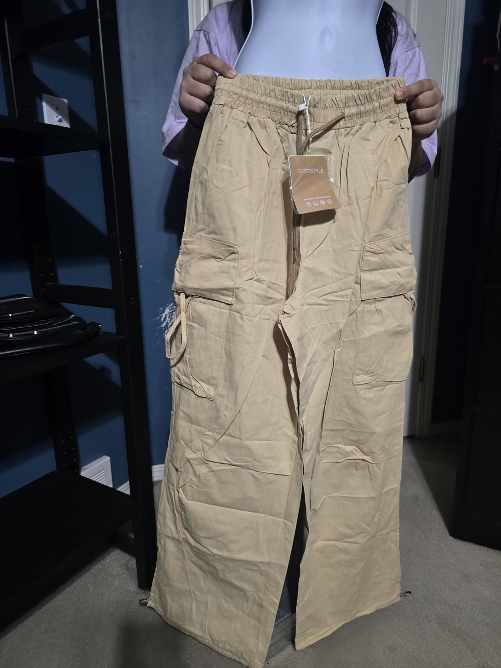 Men's Beige Cargo Utility Pants with Drawstring Waist